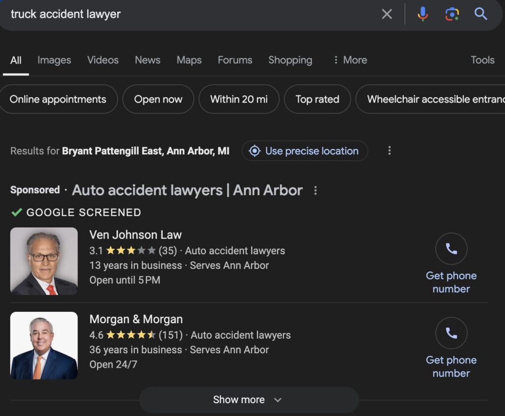 screenshot of 2 lawyer LSAs for Ann Arbor resulting for query "truck accident lawyer"